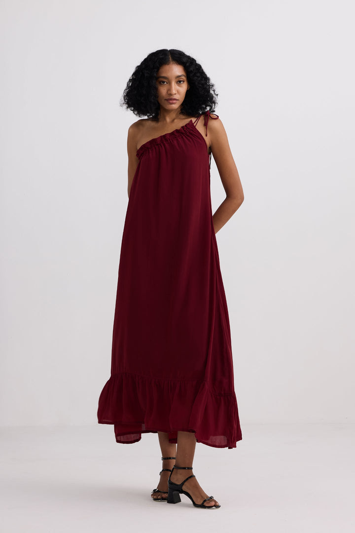 One-Shoulder Midi Dress | Burgundy