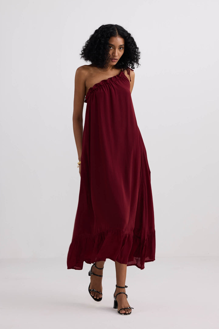 One-Shoulder Midi Dress | Burgundy