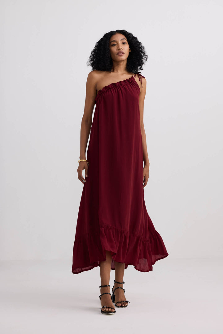 One-Shoulder Midi Dress | Burgundy