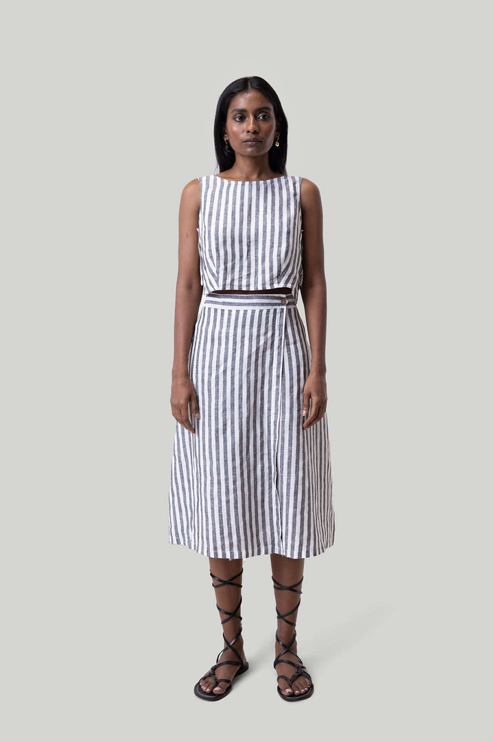 Overlap Midi Skirt - Linen Stripes