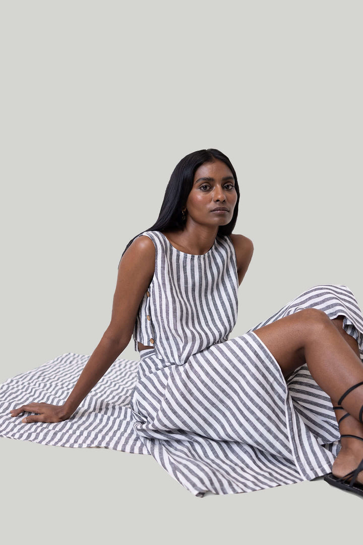 Overlap Midi Skirt - Linen Stripes