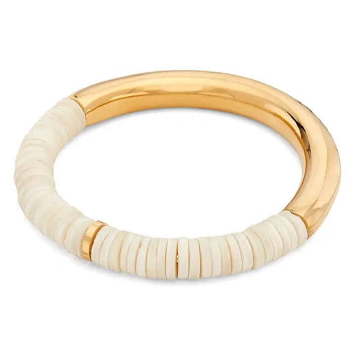 Karamu Statement Bangle in gold and white, featuring ethically sourced hand-dyed bone and 24k gold plated brass, handcrafted in Kenya.
