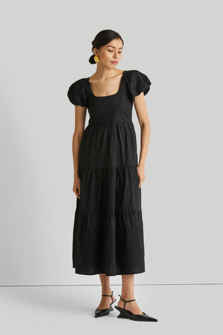 Puff Sleeve Tiered Maxi Dress - Black