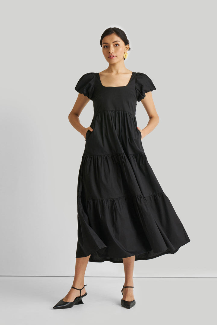 Puff Sleeve Tiered Maxi Dress - Black