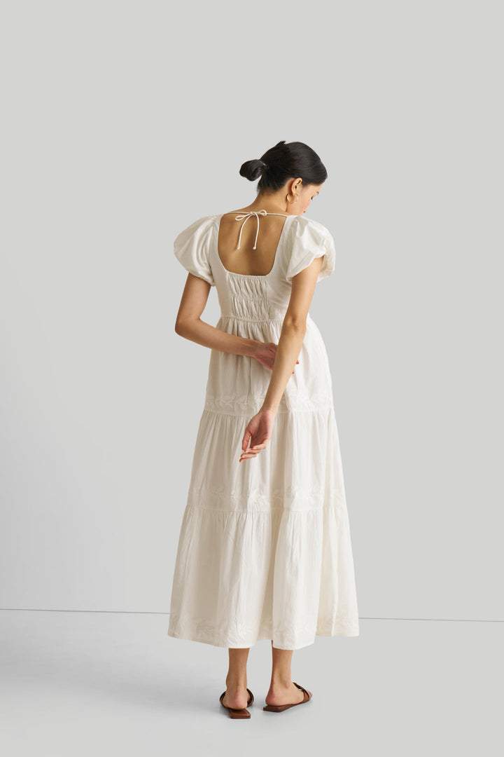 Puff Sleeve Embroidered Tiered Dress - White