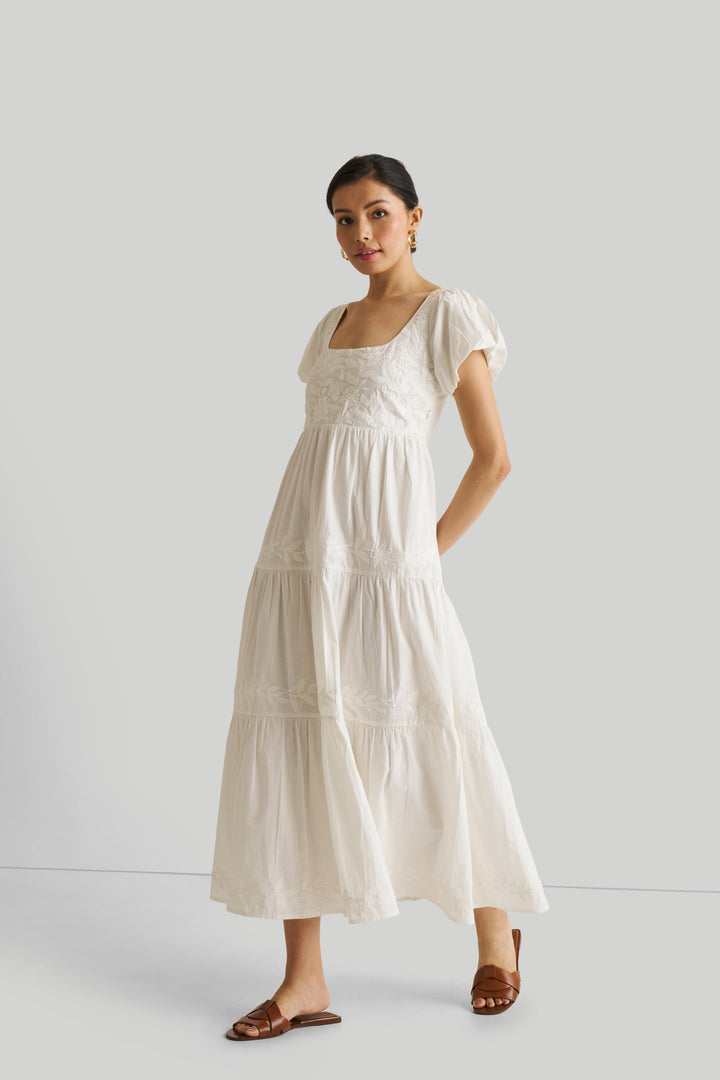 Puff Sleeve Embroidered Tiered Dress - White