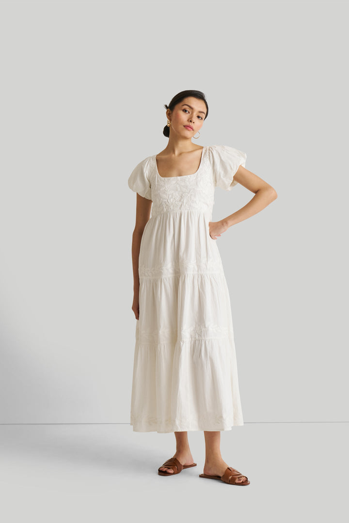 Puff Sleeve Embroidered Tiered Dress - White