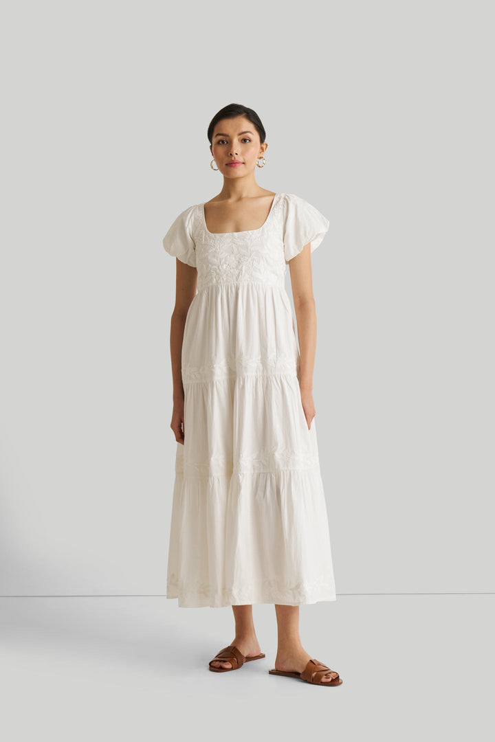 Puff Sleeve Embroidered Tiered Dress - White