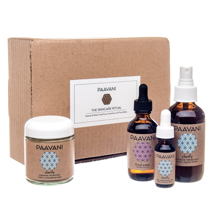 The Clarify Skincare Ritual Ayurvedic skincare set with detoxifying products for blemish-prone skin, featuring natural ingredients.