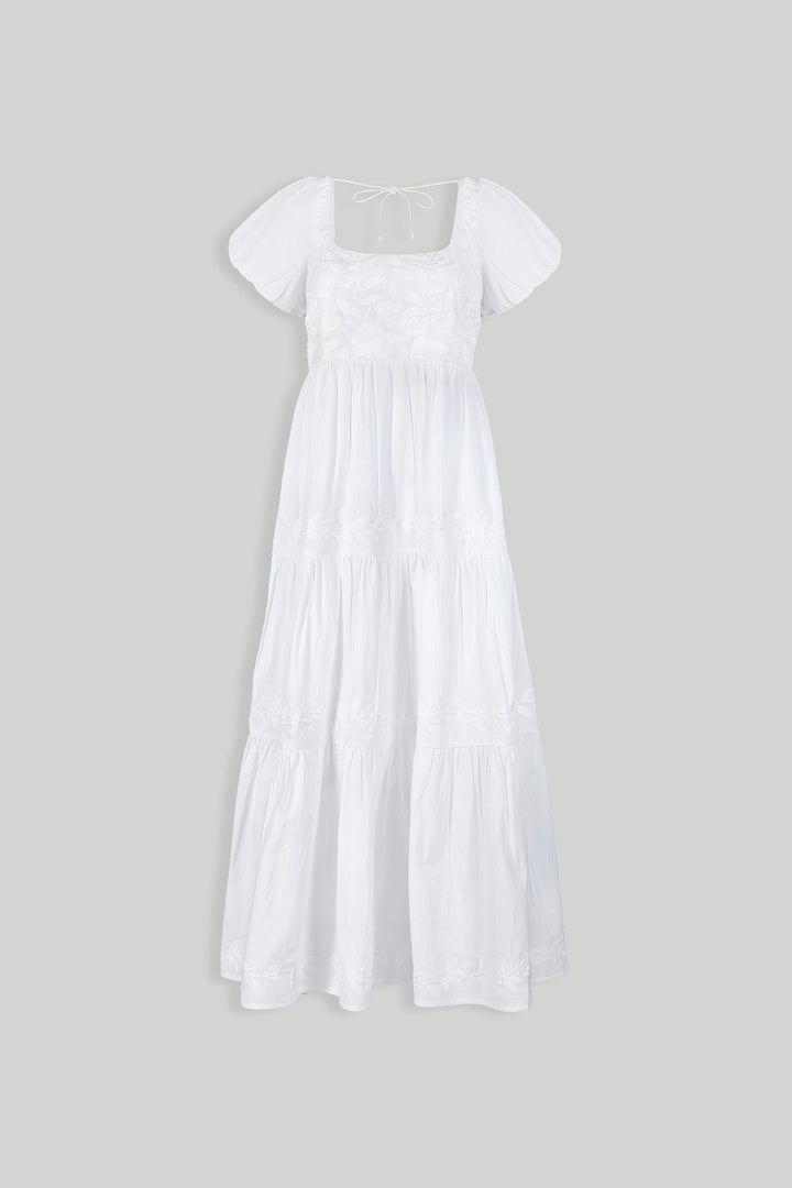 Puff Sleeve Embroidered Tiered Dress - White