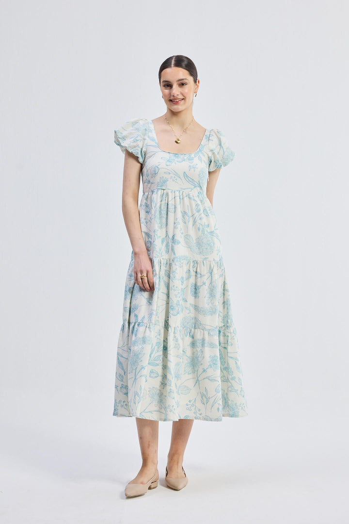 Puff Sleeve Tiered Maxi Dress | Blue Florals