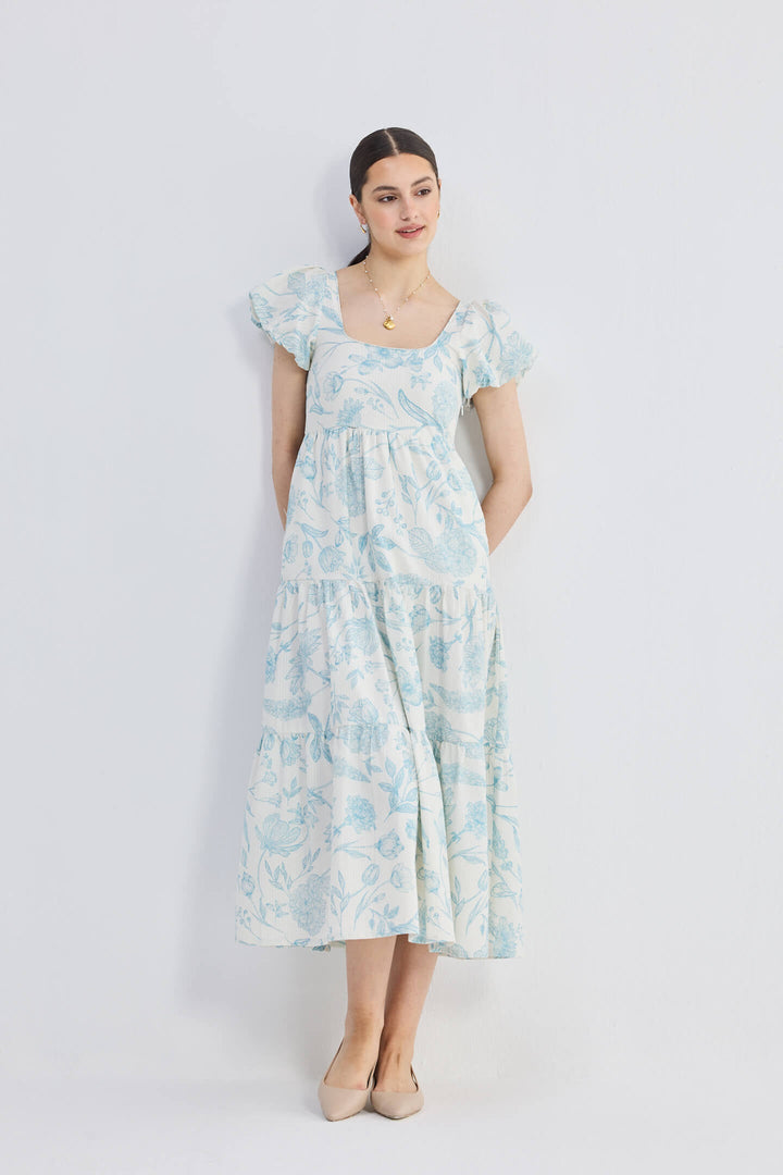 Puff Sleeve Tiered Maxi Dress | Blue Florals