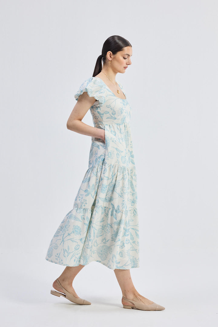 Puff Sleeve Tiered Maxi Dress | Blue Florals