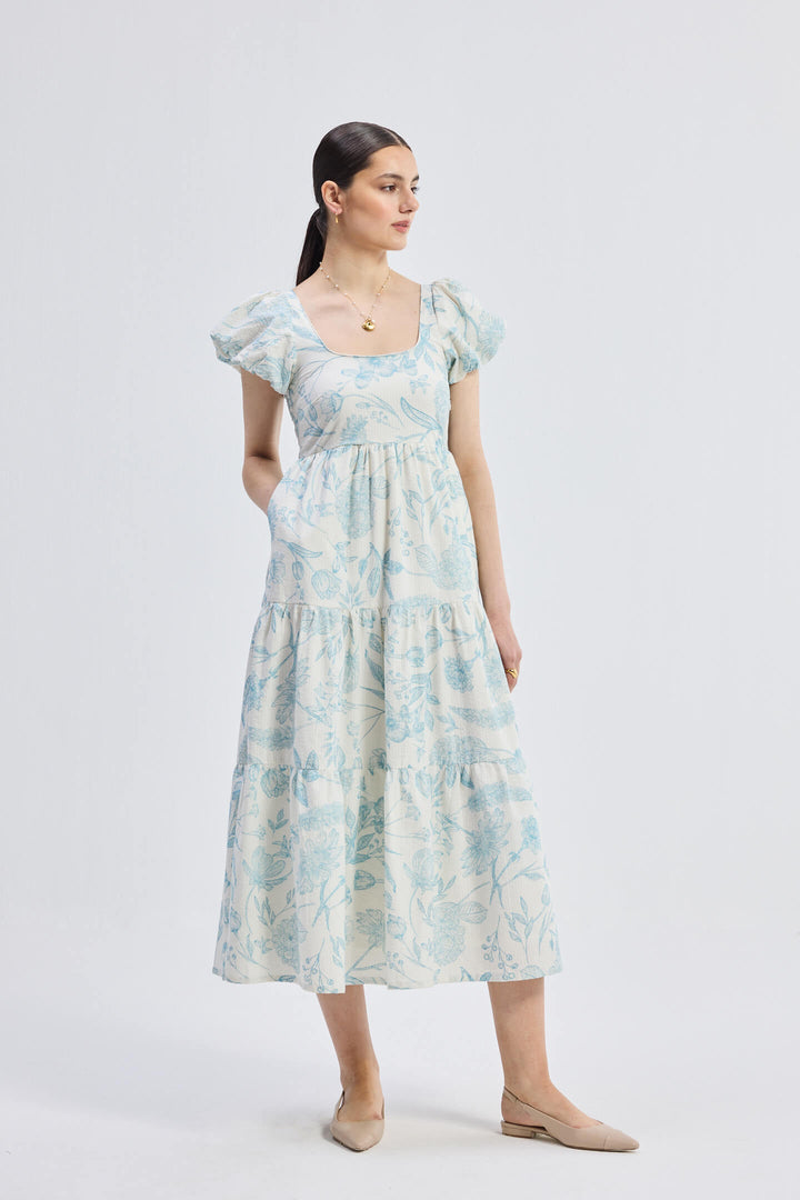 Puff Sleeve Tiered Maxi Dress | Blue Florals