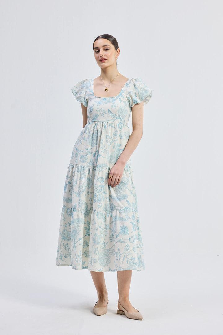 Puff Sleeve Tiered Maxi Dress | Blue Florals