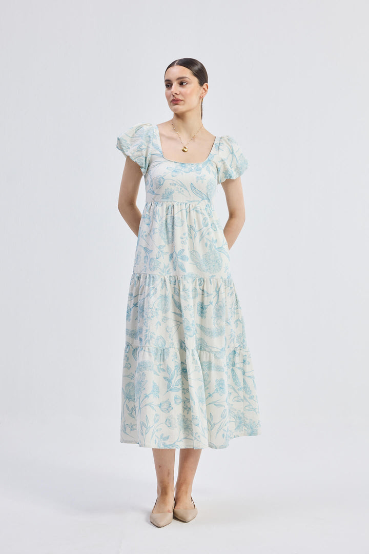 Puff Sleeve Tiered Maxi Dress | Blue Florals