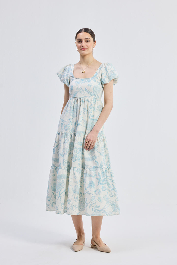 Puff Sleeve Tiered Maxi Dress | Blue Florals