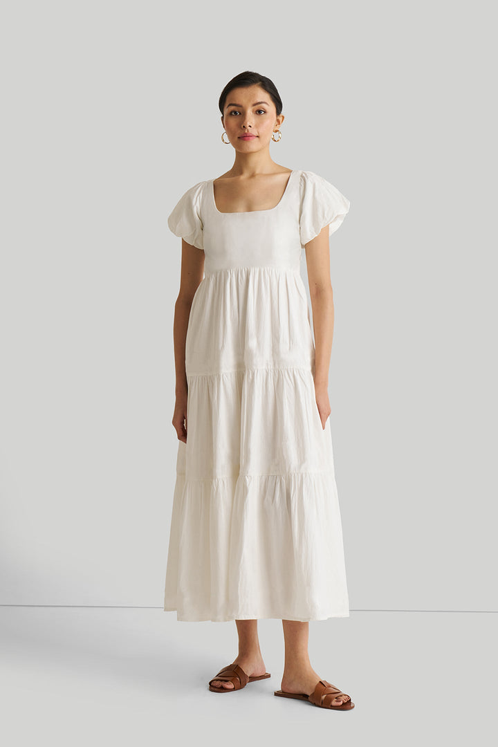 Puff Sleeve Tiered Dress | White