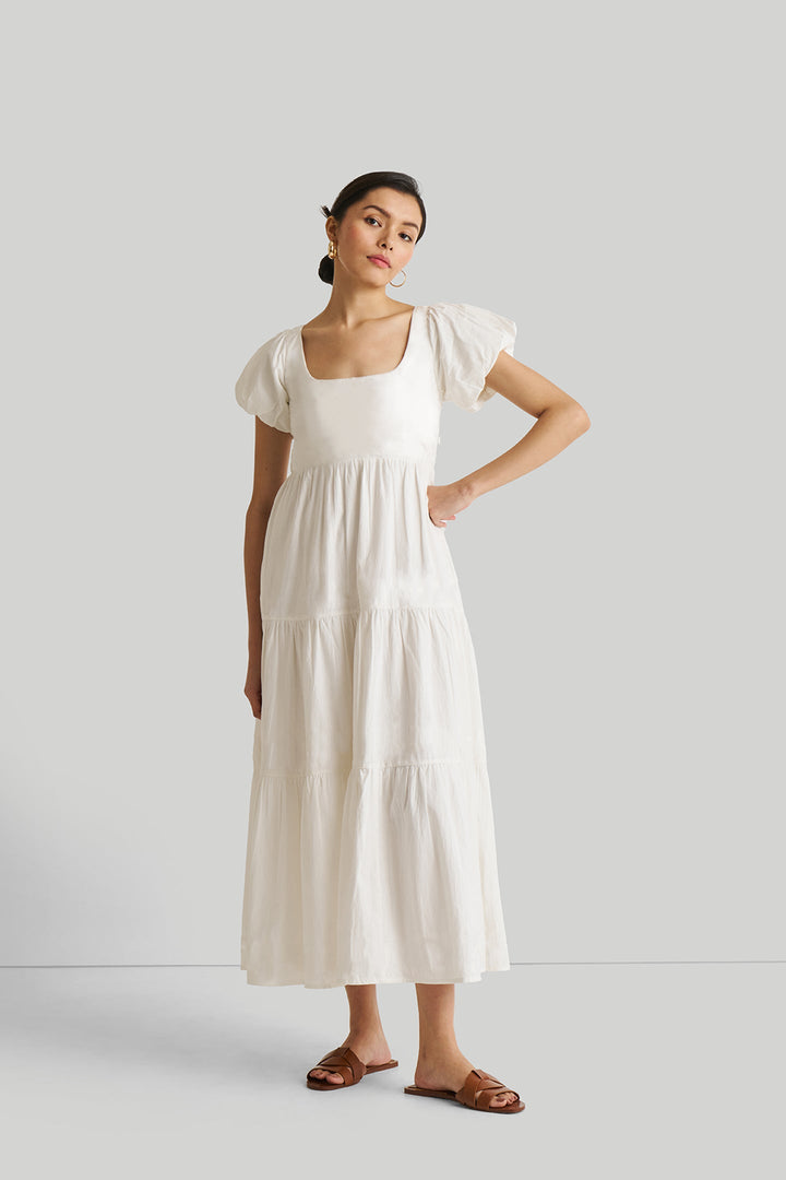 Puff Sleeve Tiered Dress | White