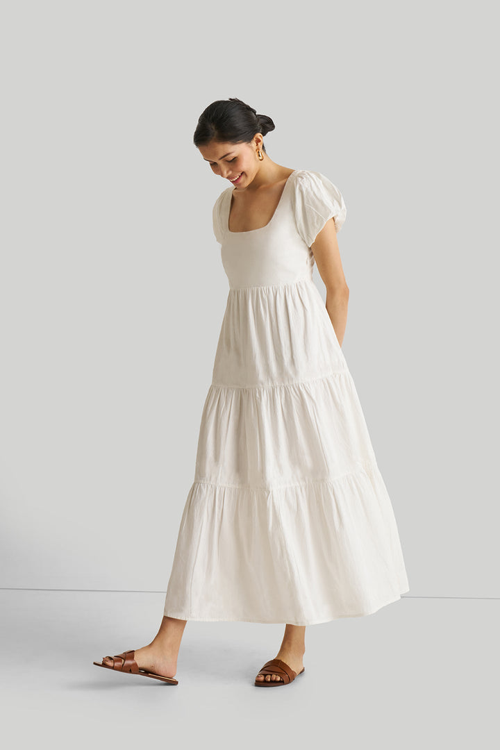 Puff Sleeve Tiered Dress | White