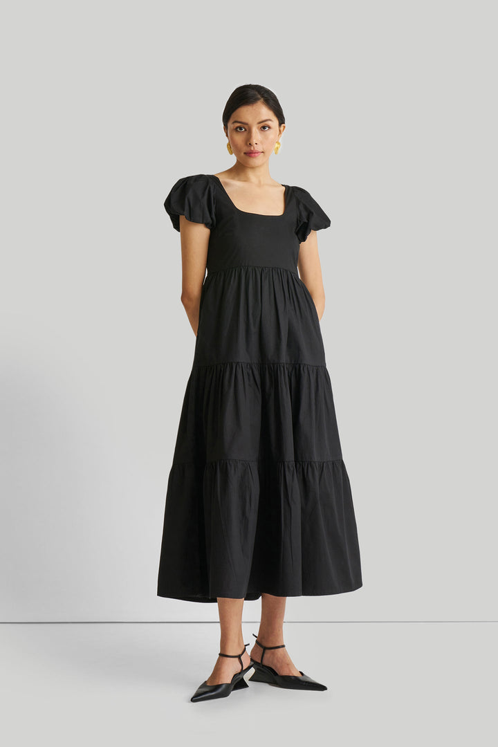 Puff Sleeve Tiered Maxi Dress - Black