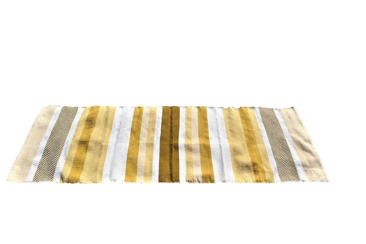 Handwoven cotton yoga meditation prayer rug with yellow and white stripes, eco-friendly, for Ashtanga and Power yoga practice.