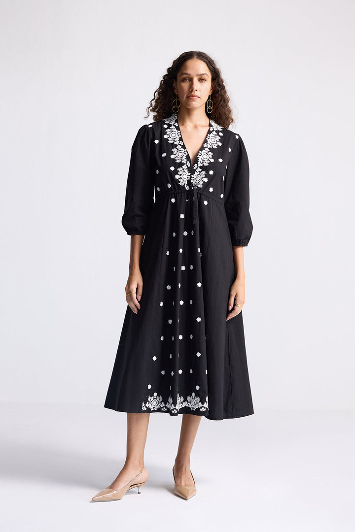 Drawstring Embroidered Dress | Black