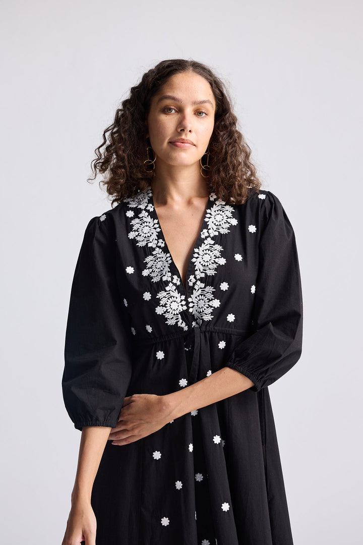 Drawstring Embroidered Dress | Black