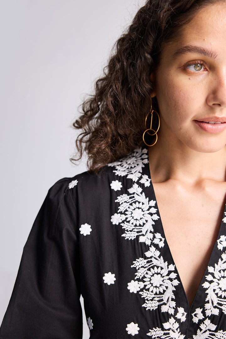 Drawstring Embroidered Dress | Black