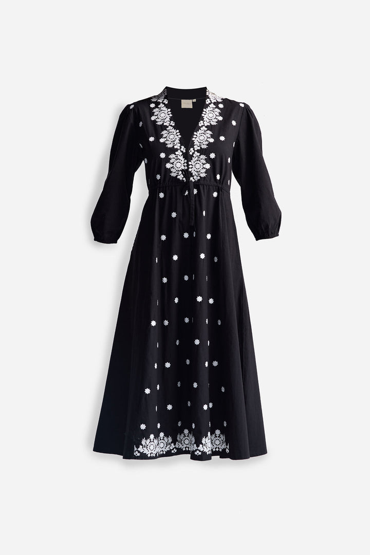 Drawstring Embroidered Dress | Black
