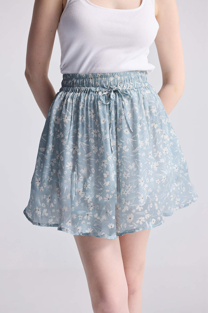 Drawstring Short Skirt | Light Blue Florals