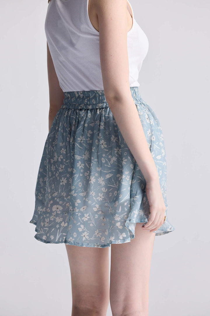Drawstring Short Skirt | Light Blue Florals