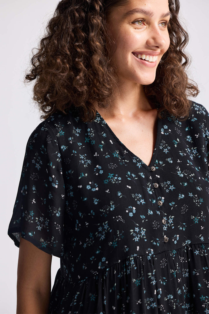 Floral Short Tiered Dress | Dark Blue