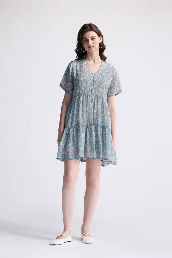 Floral Short Tiered Dress | Light Blue