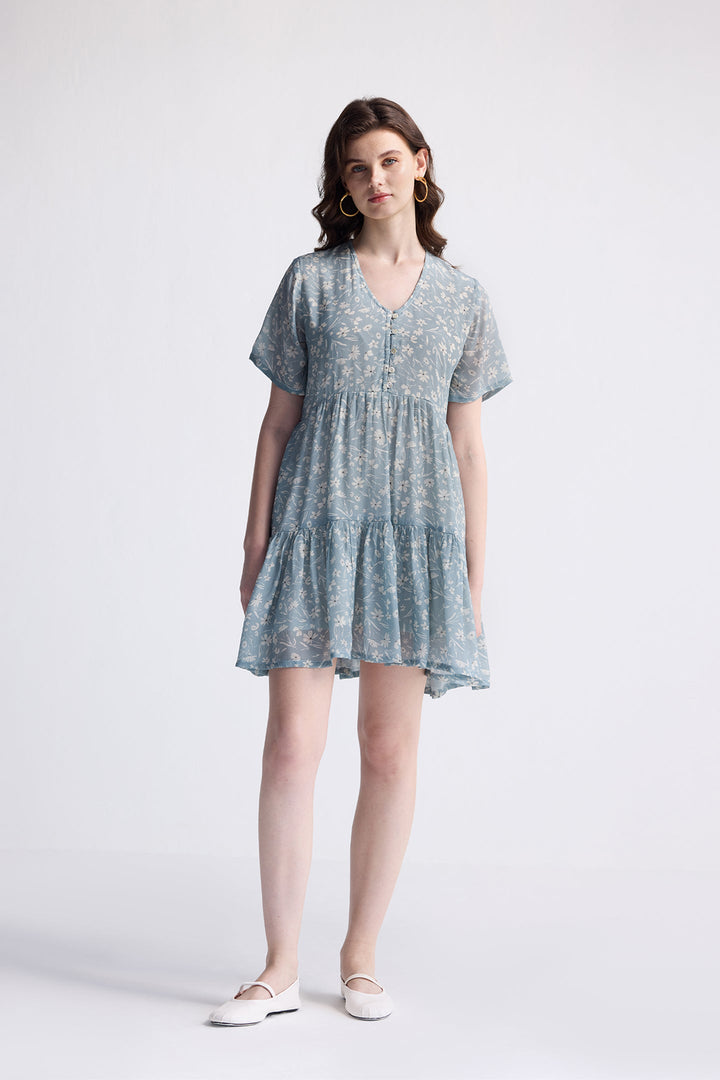Floral Short Tiered Dress | Light Blue