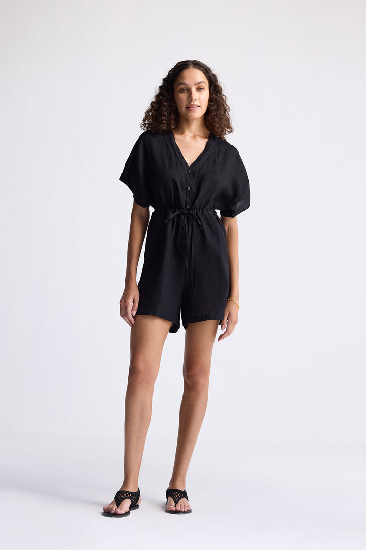 V-Neck Drawstring Romper | Black