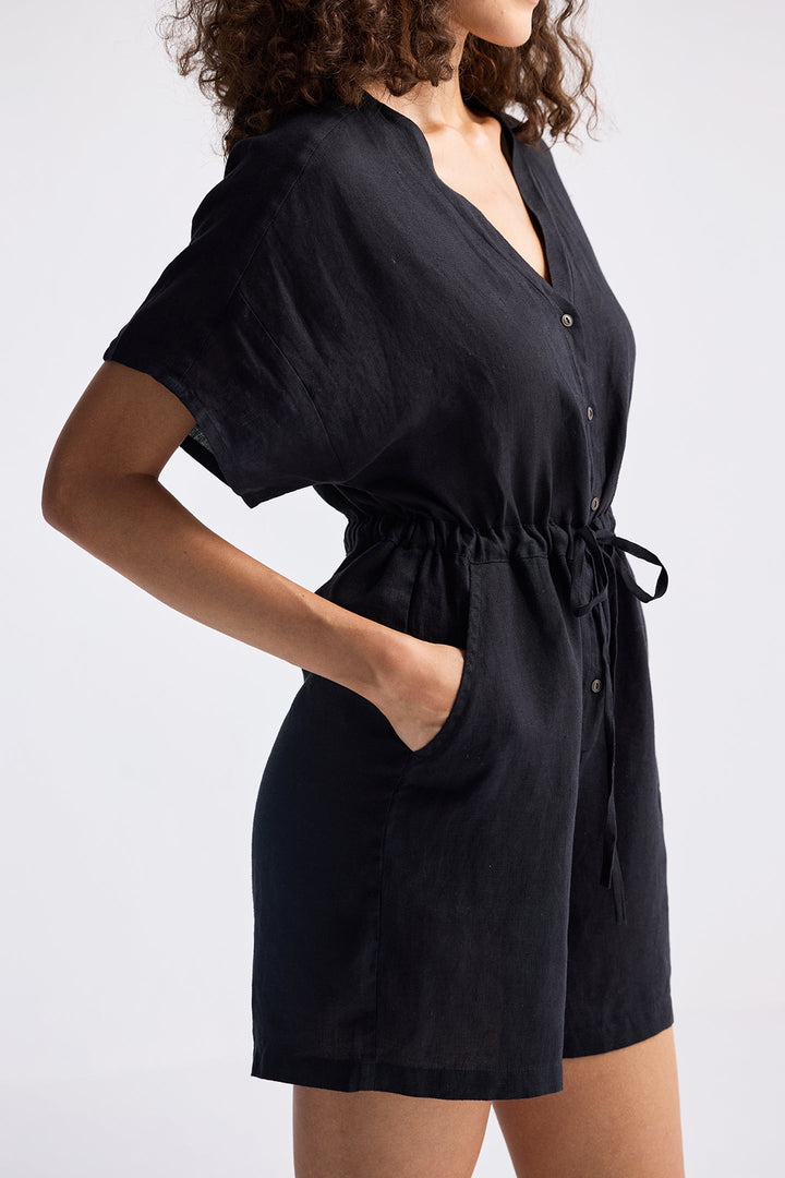 V-Neck Drawstring Romper | Black