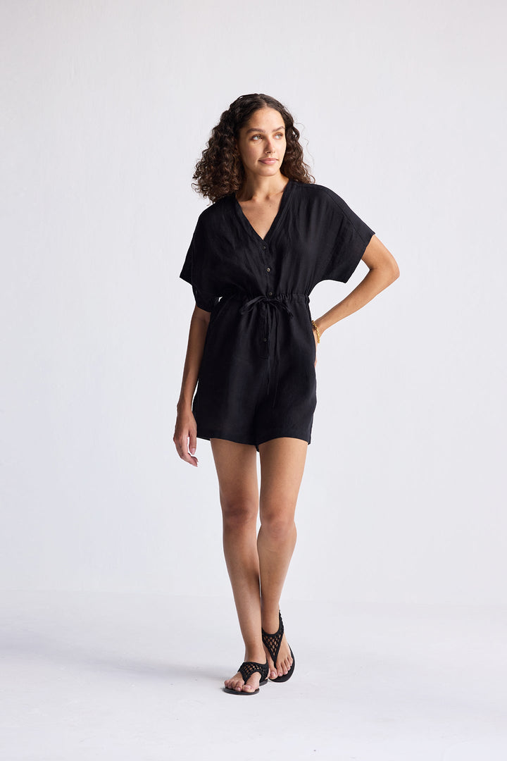 V-Neck Drawstring Romper | Black