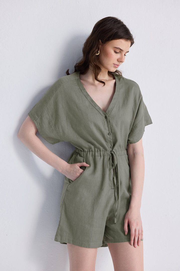 V-Neck Drawstring Romper | Dark Green