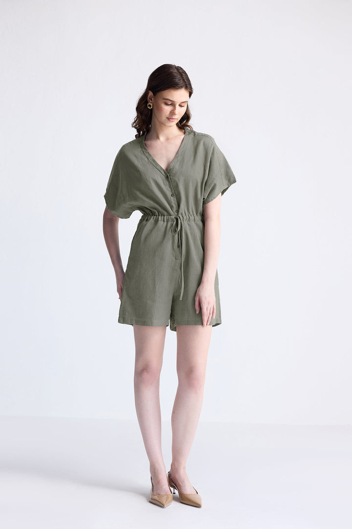 V-Neck Drawstring Romper | Dark Green