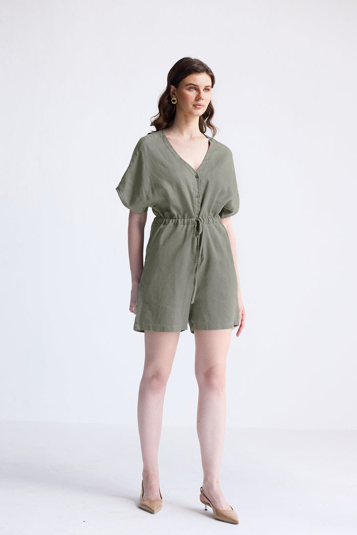 V-Neck Drawstring Romper | Dark Green