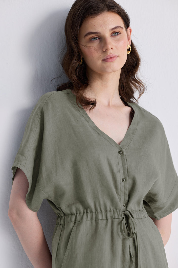 V-Neck Drawstring Romper | Dark Green