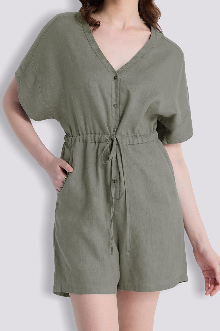 V-Neck Drawstring Romper | Dark Green