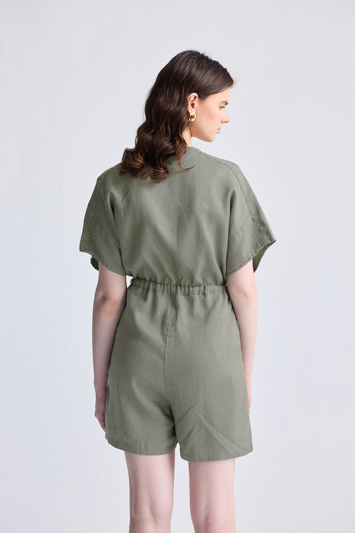 V-Neck Drawstring Romper | Dark Green