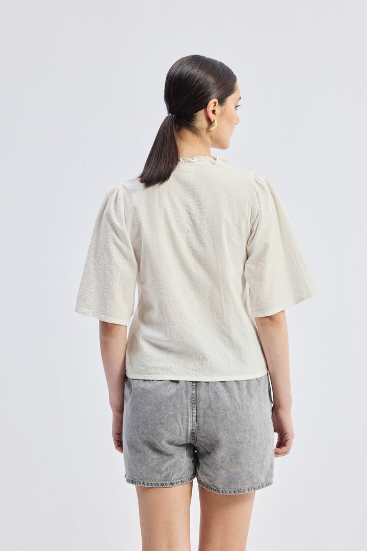 Relaxed Fit Top With Ruffles and Front-Ties | Cream