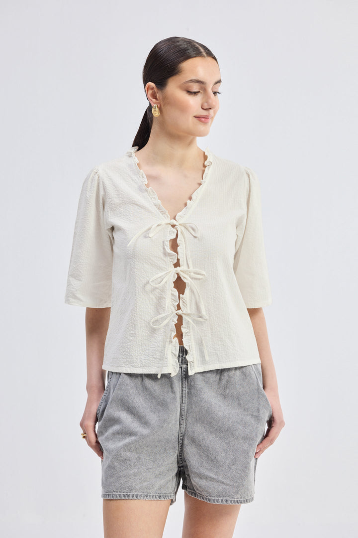 Relaxed Fit Top With Ruffles and Front-Ties | Cream