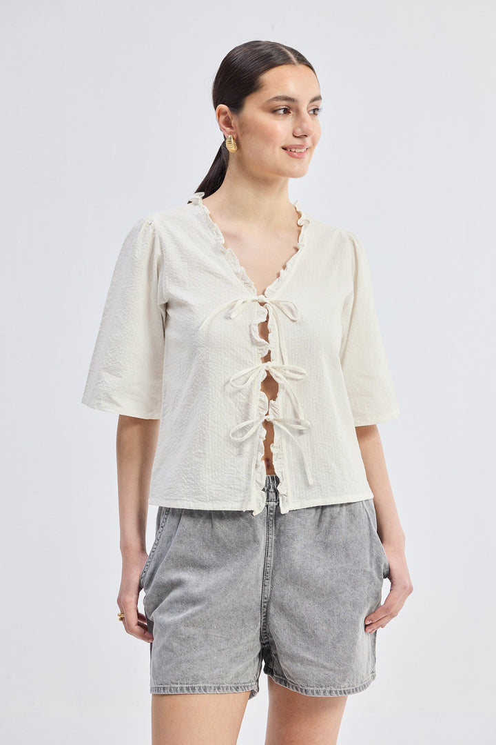 Relaxed Fit Top With Ruffles and Front-Ties | Cream