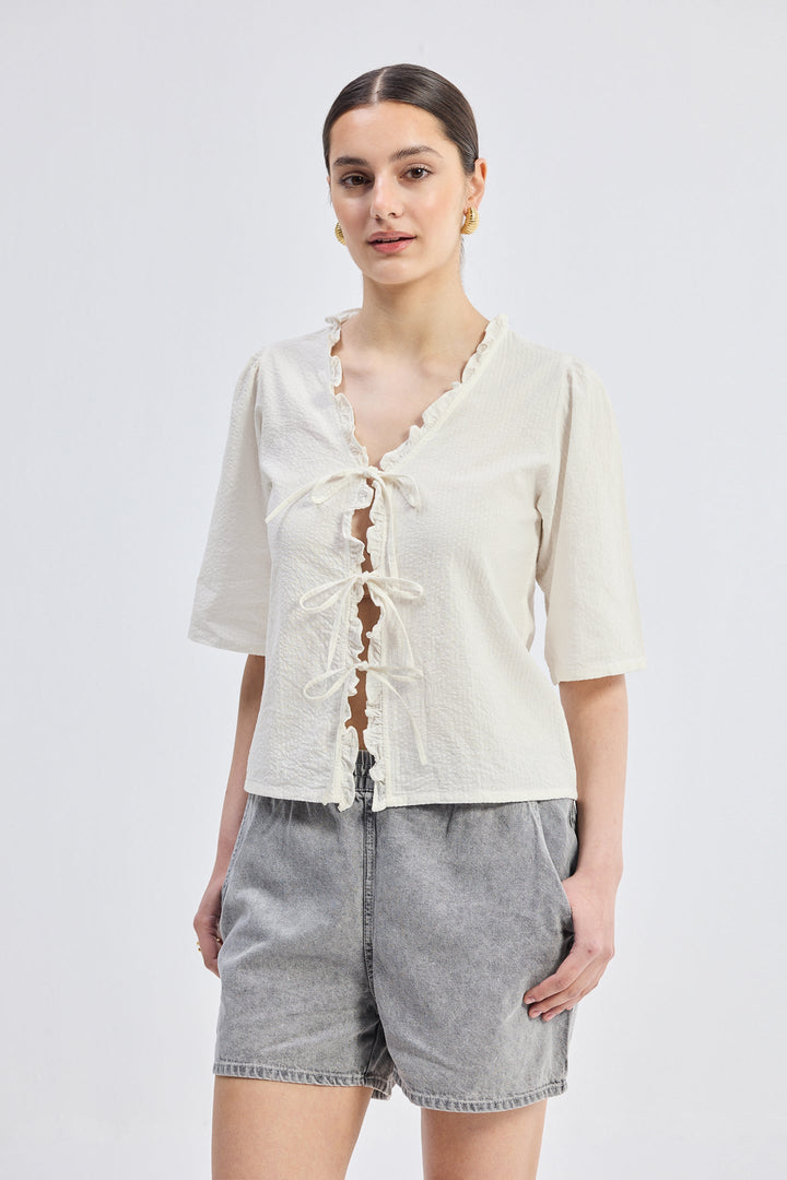 Relaxed Fit Top With Ruffles and Front-Ties | Cream