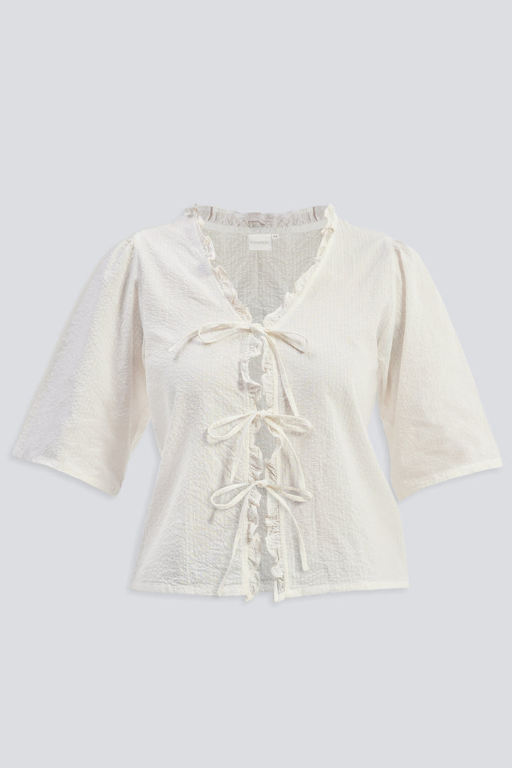Relaxed Fit Top With Ruffles and Front-Ties | Cream