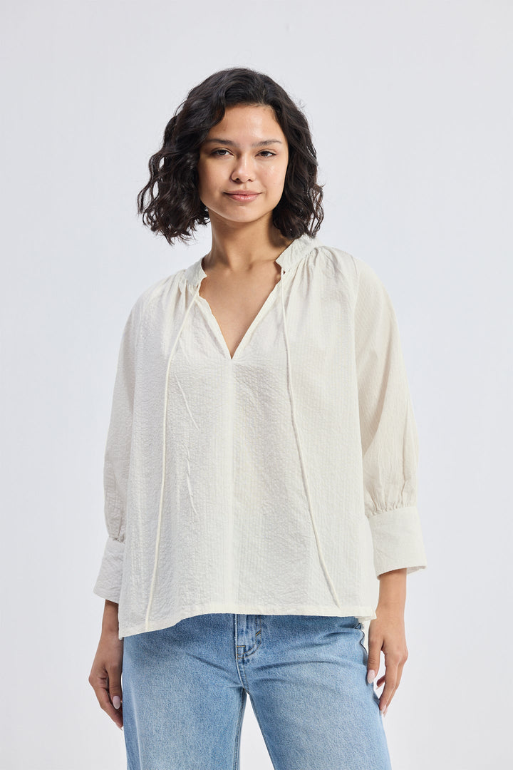 Relaxed Fit Top with Front-Tie | Cream